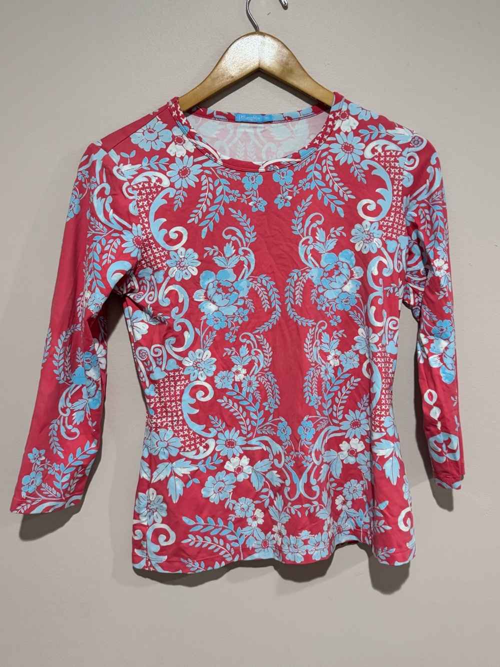 J.McLaughlin Top Women XSmall Coral Blue Floral 3/4 Sleeve Catalina Cloth Preppy